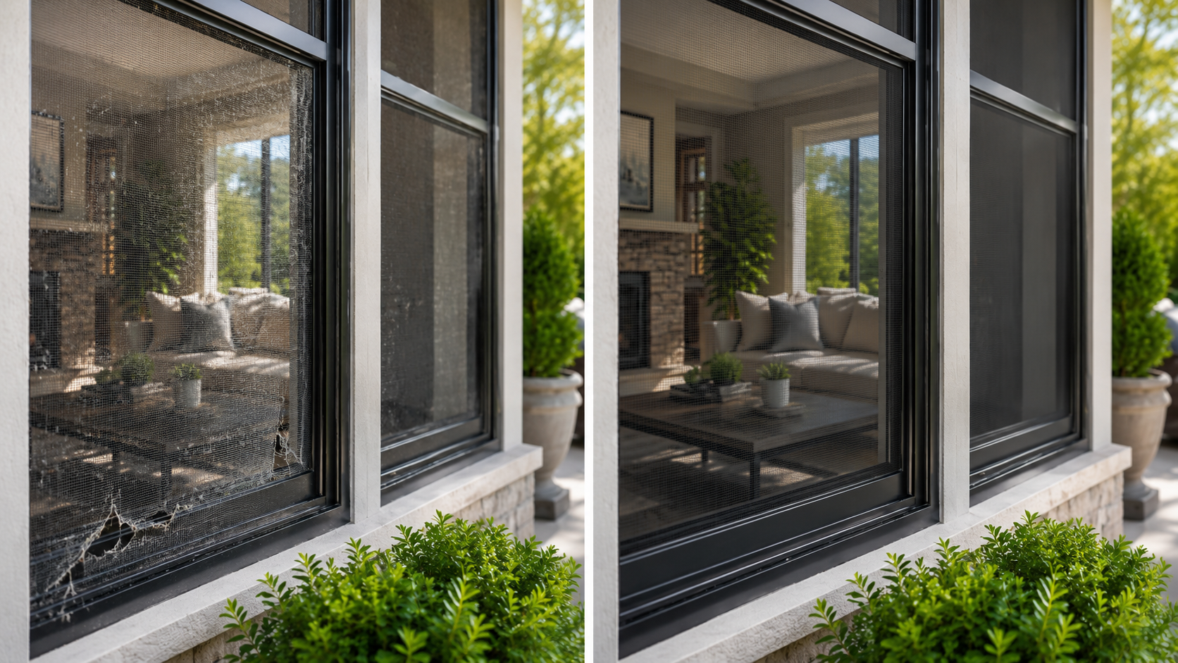 Before and after window screen repair